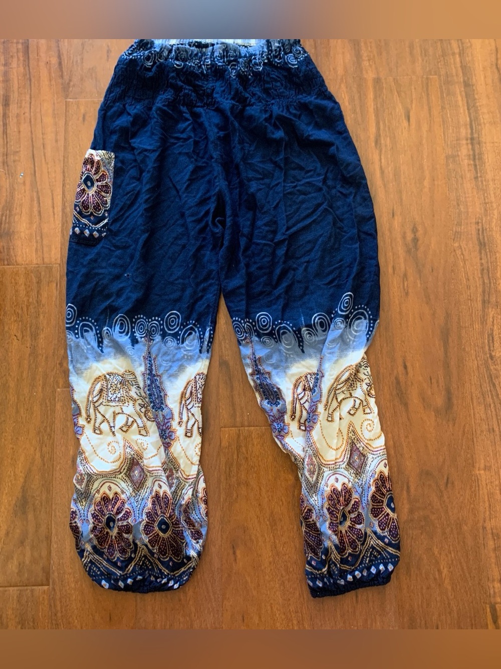 Boho Elephant Print Harem Pants - Navy & Cream, elastic waist